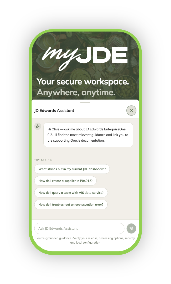 myJDE mobile workspace with the JD Edwards Assistant, suggested questions and source-grounded Oracle documentation guidance