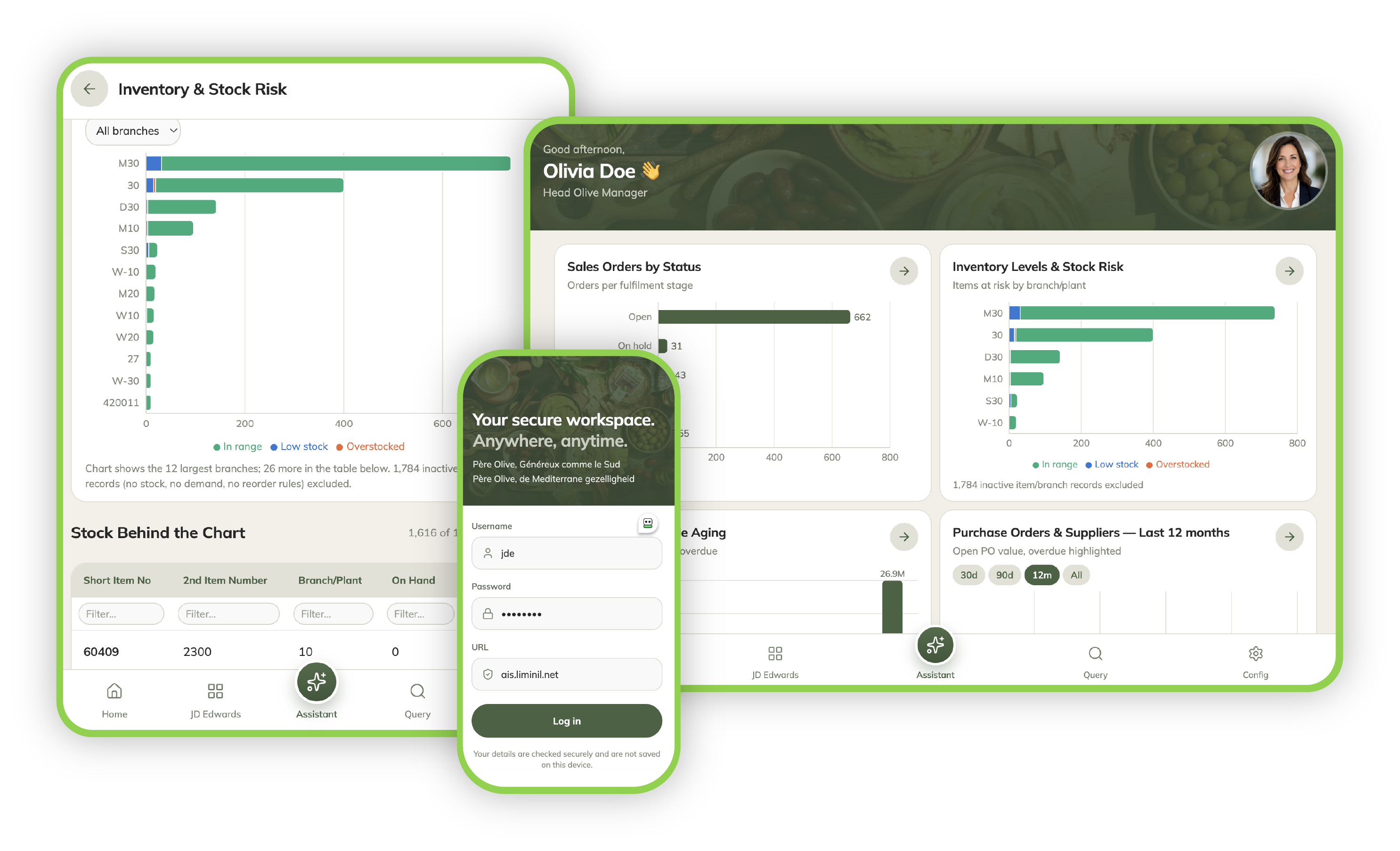 myJDE across desktop, tablet and mobile screens, showing the dashboard, inventory and stock risk, and sign-in experience